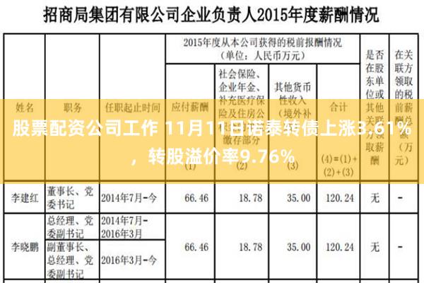 股票配资公司工作 11月11日诺泰转债上涨3.61%，转股溢价率9.76%